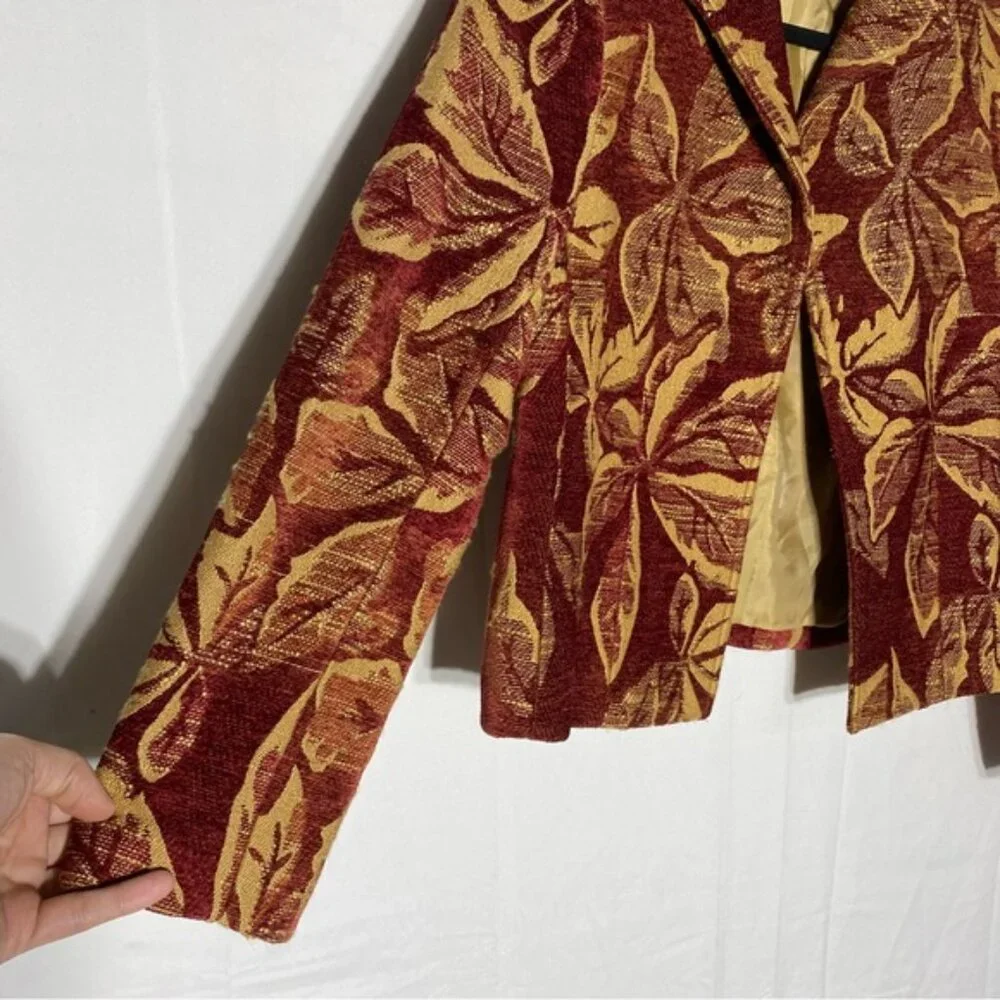 Harvé Benard Red Yellow Chenille Leaf Print Tapestry Open Front Blazer Jacket S - Picture 10 of 14